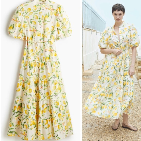 H&M Lemon Floral Maxi Dress — 100% Cotton, Romantic Puff Sleeve Dress - Picture 2 of 7